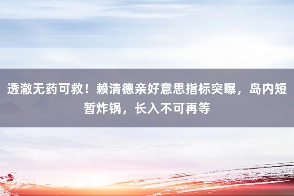 透澈无药可救！赖清德亲好意思指标突曝，岛内短暂炸锅，长入不可再等